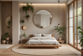 a bedroom with a bed, a mirror, and a plant in the corner.
