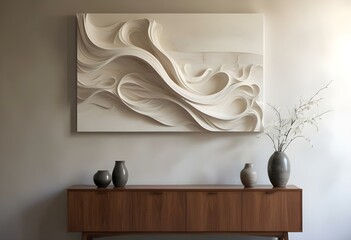 a framed piece of art is hanging on a wall above a fireplace.