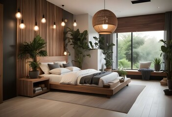 a bedroom with a bed, a table, and a plant in the corner.
