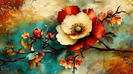   White-red flower on branch, surrounded by leaves & flowers against blue-yellow backdrop