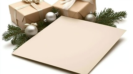 A blank white card sits surrounded by festive pine branches, colorful gift boxes, and pine cones, creating a perfect setting for holiday wishes and greetings.