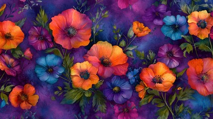  A vibrant painting depicts a cluster of multicolored blossoms against a purplish backdrop, featuring lush foliage in the focal point