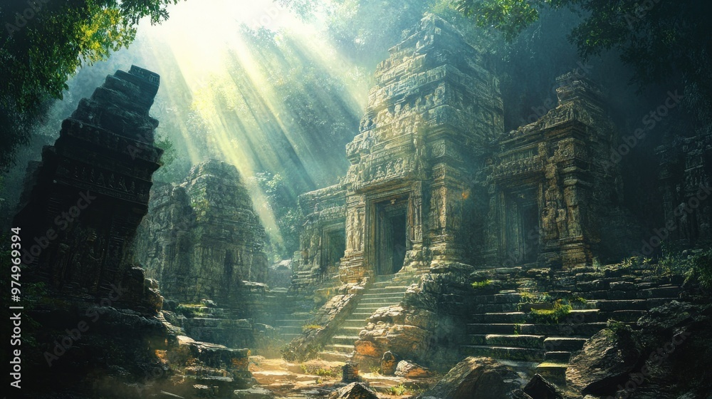 Sticker ancient stone temple ruins overgrown with lush jungle foliage and bathed in sunlight