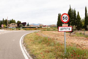 town entry sign at Ardisa village, comarca of Cinco Villas, province of Zaragoza, Aragon, Spain