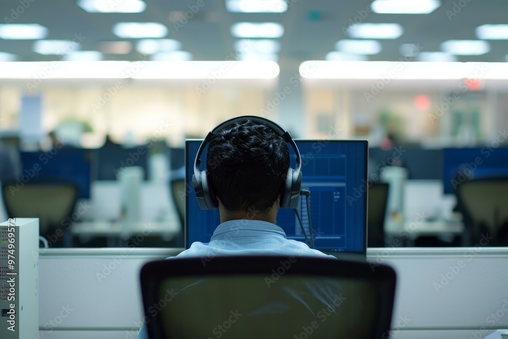 Poster software developer working on computer with headphones in busy office