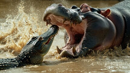 Hippopotamus with Open Mouth Facing Crocodile in Water