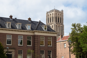 Cityscape of the fortified city of Brielle with the tower of the Grote or Sint-Catharijnekerk.