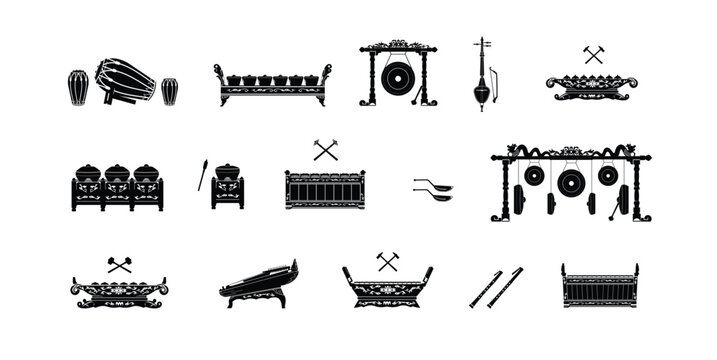 Set of illustrations of traditional Indonesian musical instruments, logos of silhouettes of various types of gamelan instruments, suitable for music stores and communities