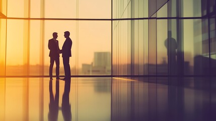 Fototapeta premium Silhouettes of two businessmen talking in an office building with a sunset view