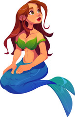 Cartoon mermaid character. Adorable cute underwater sea princess with brown flowing hair and shimmering tail, sitting with pensive face. Isolated vector personage of magical or pirate adventure story