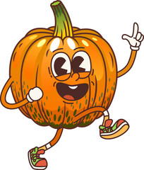 Cartoon groovy pumpkin vegetable character. Lively ripe gourd personage with happy expression. Isolated vector veg cheerfully walking with joyful smile and fun vibe, feeling happiness and excitement