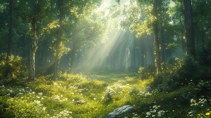 Obraz premium A peaceful forest clearing bathed in sunlight