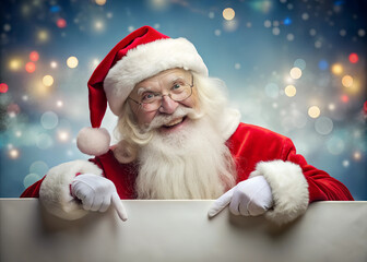 Naklejka premium Smiling Santa Claus pointing on blank advertisement banner background with copy space