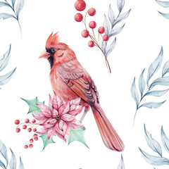 Watercolor Christmas seamless pattern - bird red cardinal with brunch, red berries and Red poinsettia flowers bouquet. Holly green leaves. Isolated. Symbol of Christmas. Winter holiday decoration in