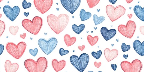Seamless pattern of blue and pink hand-drawn hearts on white background.
