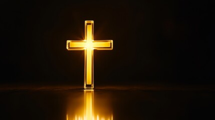 Illuminated golden cross on dark background, spiritual symbolism concept