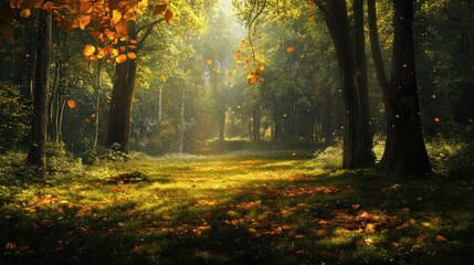 Obraz premium Sunlight Filtering Through Trees in a Forest with Falling Autumn Leaves