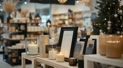 Cozy candle shop display with an array of scented candles, warm lighting, and festive decor, creating a serene shopping ambiance perfect for the holiday season and gift shopping inspiration.
