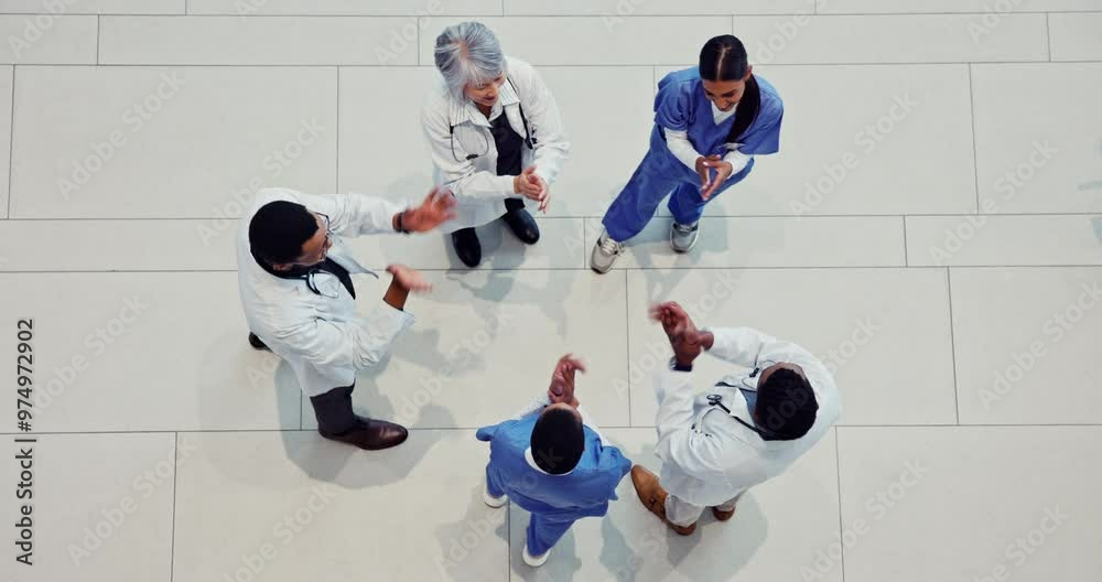Poster above, stack and doctors with teamwork, hands and celebration for breakthrough in hospital. professi