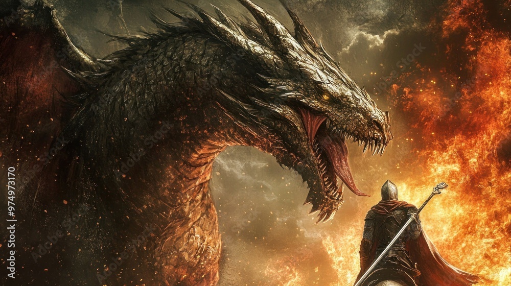 Poster A Fiery Confrontation Between a Dragon and a Knight