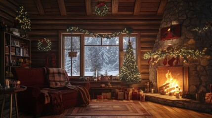 Cozy Cabin Interior Decorated for Christmas with a Fireplace and a Snowy View