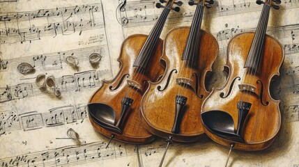 Fototapeta premium Three Violins Resting on a Sheet of Music