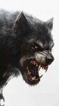 scary werewolf closeup baring his teeth, white background