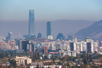 View from the Santa Teresita rising road in Lo Barnechea towards Santiago de Chile's east areas of Vitacura, Las Condes, Providencia and La Reina