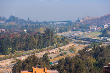 View from the Santa Teresita rising road in Lo Barnechea towards Santiago Chile's east areas of...