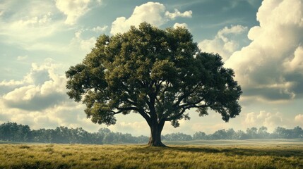 Fototapeta premium A Single Oak Tree Stands Tall in a Field Under a Cloudy Sky