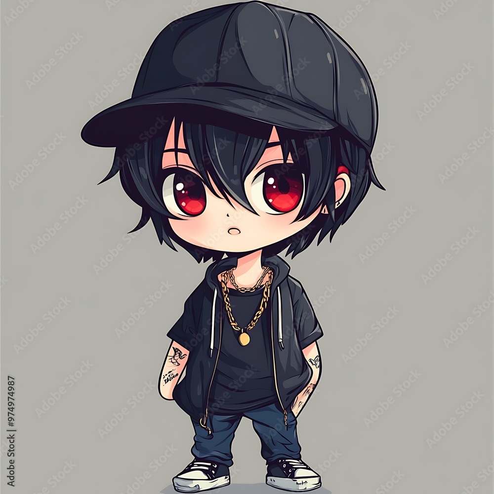 Wall mural Cute chibi anime boy with red eyes and black hair wearing a baseball cap, black hoodie, and gold chain