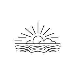 Line Art Illustration of a Sun Setting Over the Ocean
