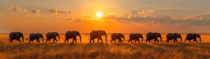 A stunning herd of elephants walks across the savannah at sunset, creating a breathtaking scene in the heart of the wild.