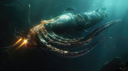 Obraz premium A stunningly detailed underwater creature illustration, showcasing a mythical sea monster with glowing features and tentacles.