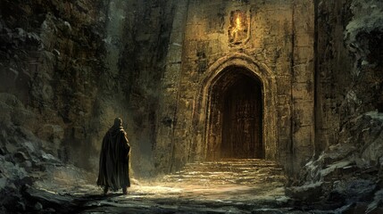 A hooded figure stands before a grand, ancient stone archway.
