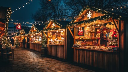 Festive Christmas Market Stalls with Decorations and Lights