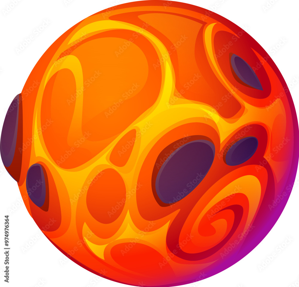 Poster Cartoon galaxy fantasy alien magma space planet with swirling patterns in bright orange and yellow with darker patches resembling volcanic craters. Vector otherworldly, spherical celestial object