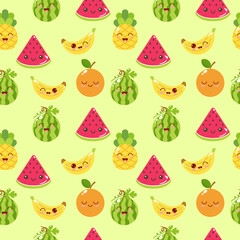 Vector seamless pattern with summer kawaii fruits on a green background