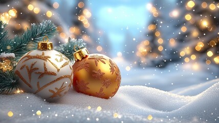 Festive Christmas Ornaments on Snowy Background with Soft Bokeh Lights for Holiday Decor Design. Copy Space for text