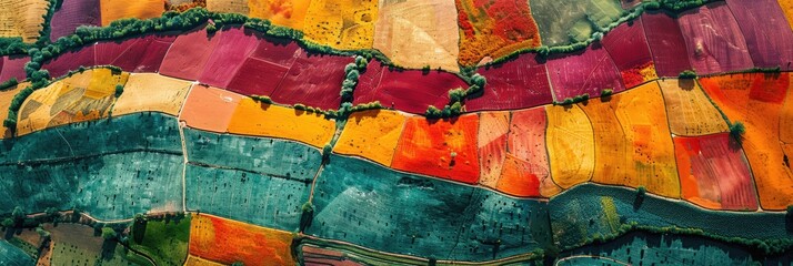 Aerial view of colorful agricultural fields in vibrant patchwork pattern, showcasing diverse crops during different seasons.