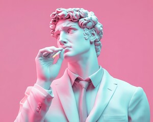 Funny portrait of Greek marble statue wearing jacket shirt and tie and smoking a cigarette flipped backwards. Minimal creative concept of negative effects of smoking or lucky cigarette. Pastel colors
