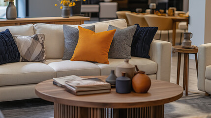 Cozy living room interior with modern neutral sofas, decorative pillows in shades of orange and gray, and a stylish round coffee table, creating a welcoming home decor ambiance.