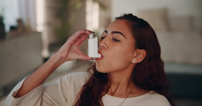 Woman, inhaler and asthma pump for breath, health in wellness for medical condition in house. Female person, sick and tight chest with medication, pharmaceuticals or cure for relief in lounge or home
