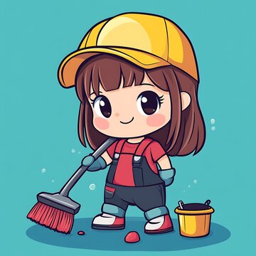 recommend clip art: Cute cartoon girl janitor with broom, bucket, and cap, cleaning mascot character