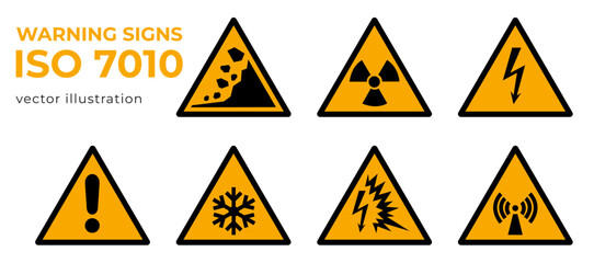 Official vector drawings of ISO 7010 warning signs. Yellow warning signs are triangles.