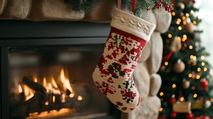 Christmas Stocking Hanging Above a Fireplace with a Decorated Christmas Tree in the Background