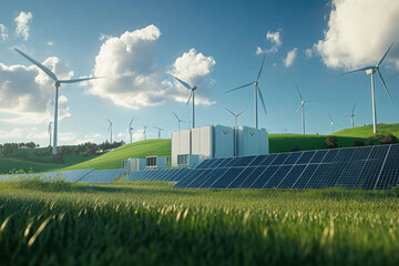 Modern battery energy storage system with wind turbines and solar in grass fields
