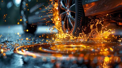 Bold promotional flyer showcasing a modern car wheel and disk on black background, complemented by engine oil splashes. Great for car tire advertisements with copy space.