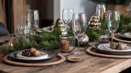 Rustic Table Setting with Pine Branches and Glassware