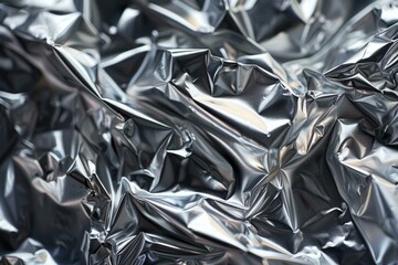 Close up view of crumpled silver aluminum foil creating a textured and reflective surface